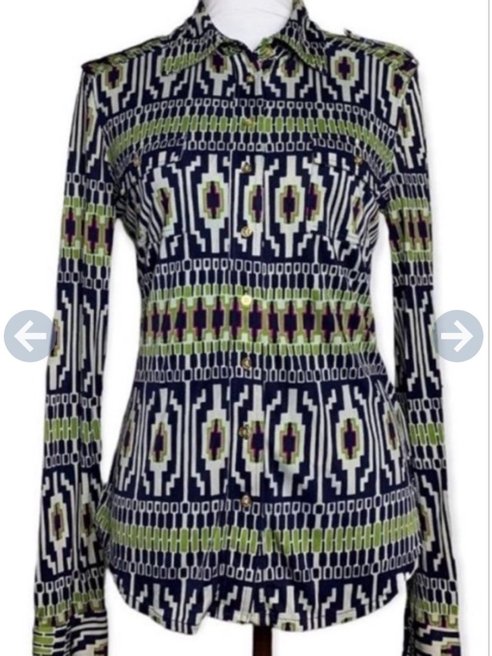 Tory Burch Geometric Button-Up Blouse in Black, White, Navy, & Olive